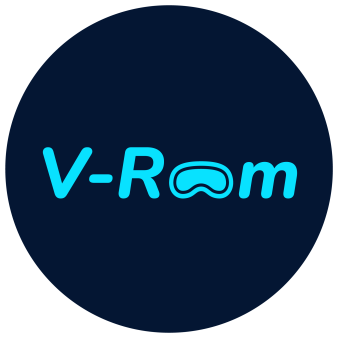 V-Roomin turkoosi logo tummansinisen ympyrän sisällä.